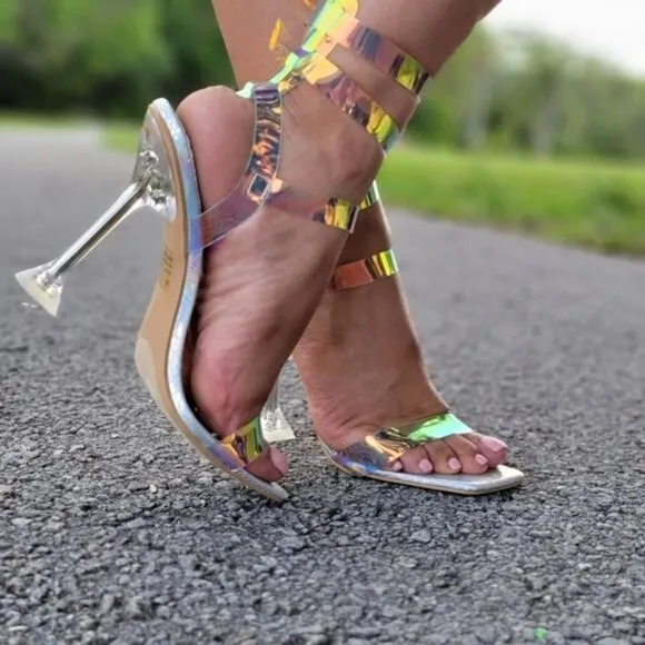 Sandal Heel Hologram Open Toe Toe Strappy Pumps