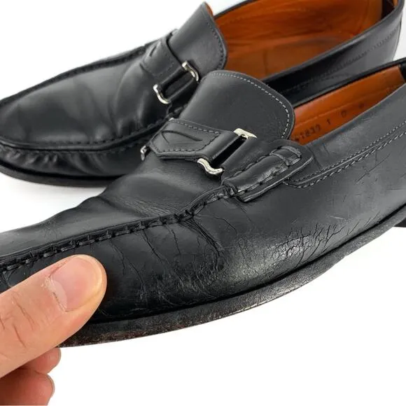 SANTONI Horse Bit Loafer Moccasin Black Leather 9 D