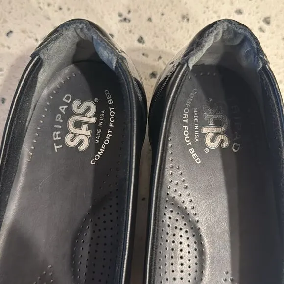 SAS Comfort Slip On Black Leather Shoes Toe Bow Flats Mqde in USA SZ 8.5 NARROW