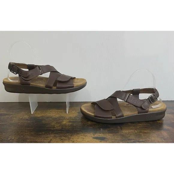 Sas Huggy Cross Strap Sandals Womens Sz 10.5M Brown Leather Adjustable