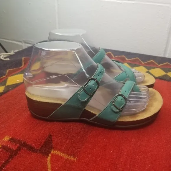 SAS Shelly teal leather double strap sandals