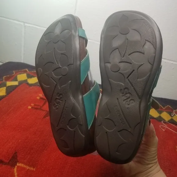 SAS Shelly teal leather double strap sandals