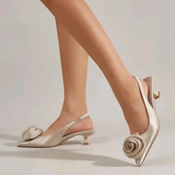 Satin Flower Decor Point Toe Pyramid Heeled Slingback Pumps