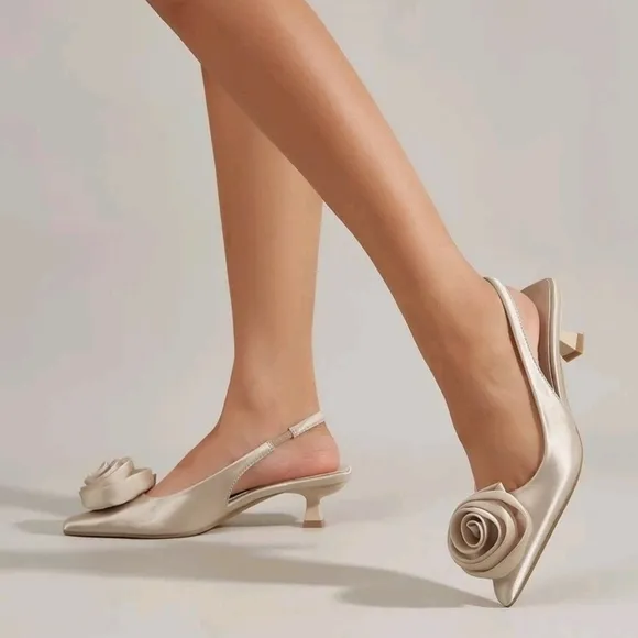 Satin Flower Decor Point Toe Pyramid Heeled Slingback Pumps
