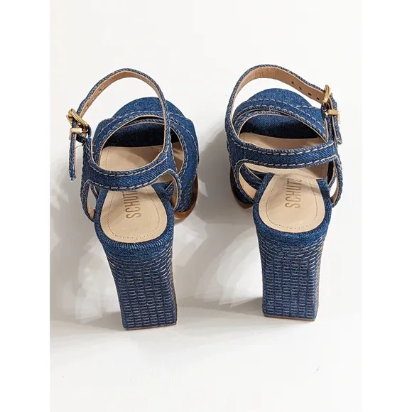 SCHUTZ Keefa High Heel Ankle Strap Denim Platform Sandals Size 5.5