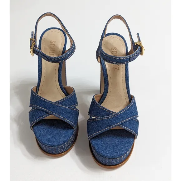 SCHUTZ Keefa High Heel Ankle Strap Denim Platform Sandals Size 5.5