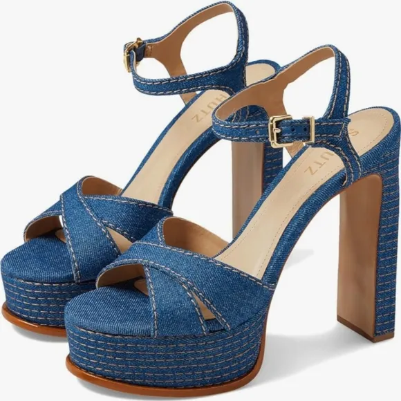 SCHUTZ Keefa High Heel Ankle Strap Denim Platform Sandals Size 5.5