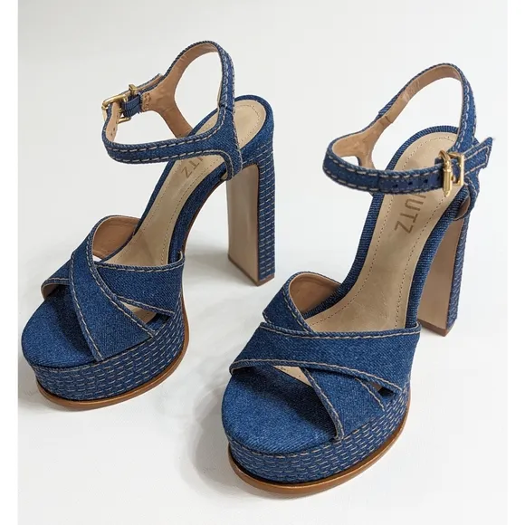 SCHUTZ Keefa High Heel Ankle Strap Denim Platform Sandals Size 5.5