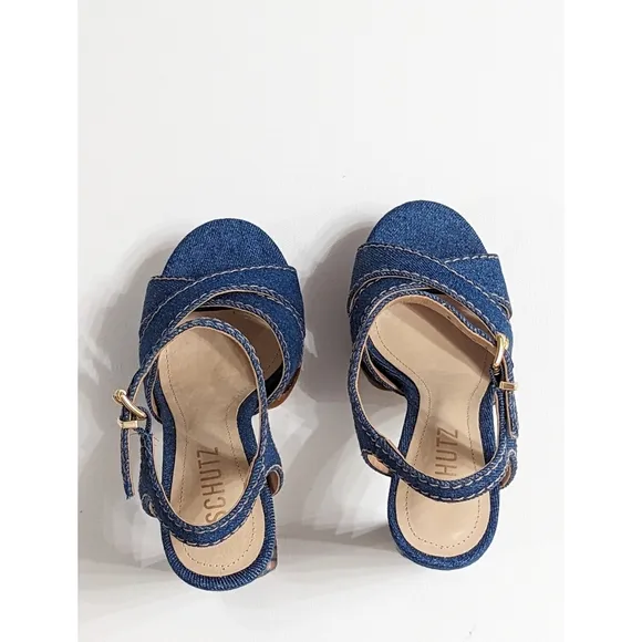 SCHUTZ Keefa High Heel Ankle Strap Denim Platform Sandals Size 5.5