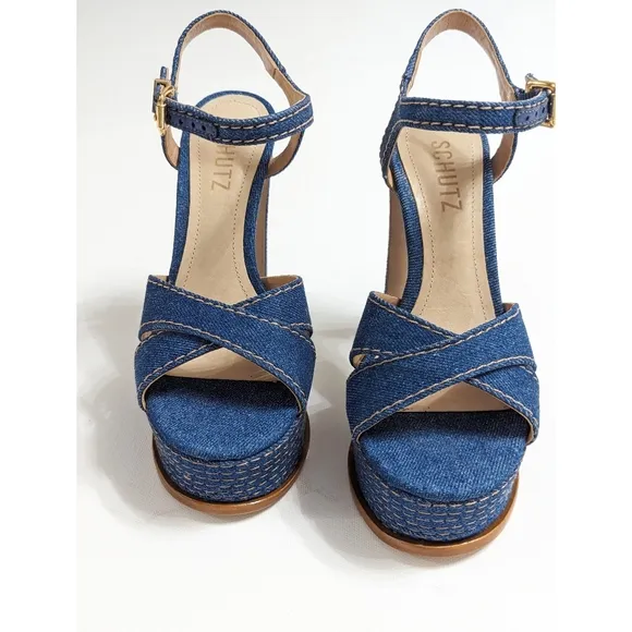 SCHUTZ Keefa High Heel Ankle Strap Denim Platform Sandals Size 5.5