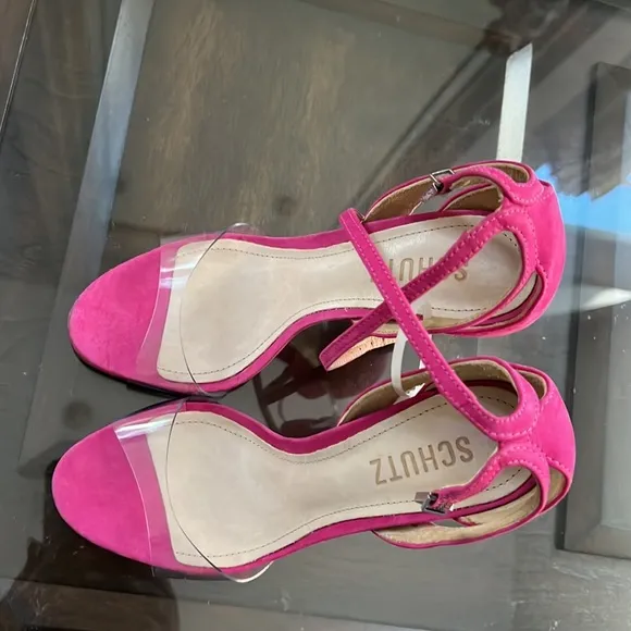 Schutz Kristy Nubuck Clear Vinyl Pink Suede Heel