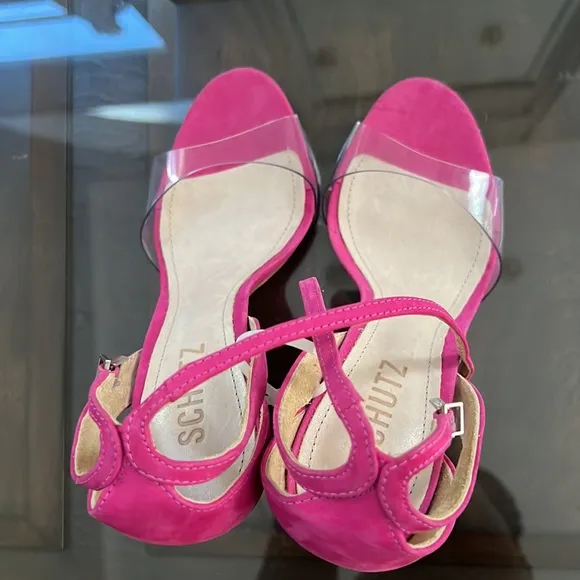 Schutz Kristy Nubuck Clear Vinyl Pink Suede Heel