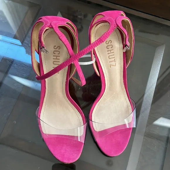Schutz Kristy Nubuck Clear Vinyl Pink Suede Heel