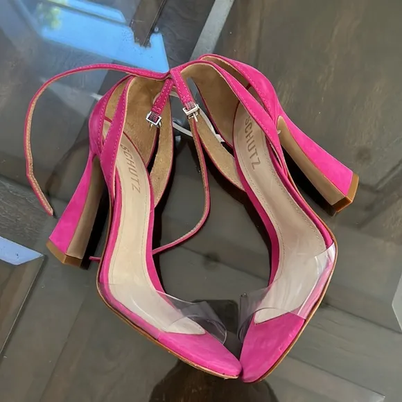 Schutz Kristy Nubuck Clear Vinyl Pink Suede Heel