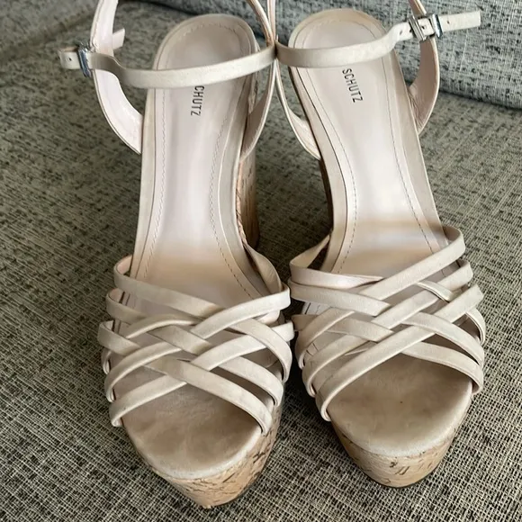 Schutz Platform Nude Cork Wedge Sandals Size 38.5 B