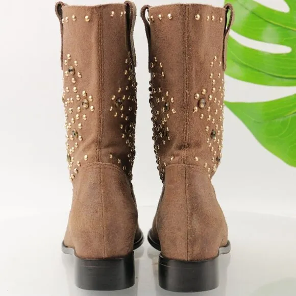 SCHUTZ Wome's Aliria Boots Size 6 Brown Suede Studded Pull On Slouch Western