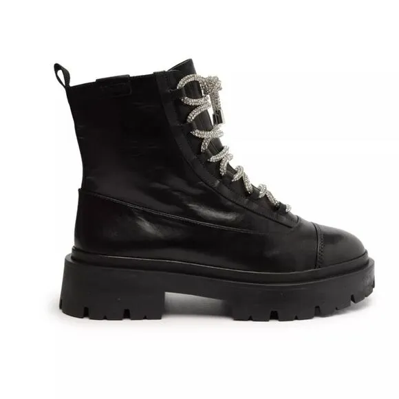 Schutz Kaile Black Leather Lug Sole Glam Boot/Dust Bag  8B $248 NWT