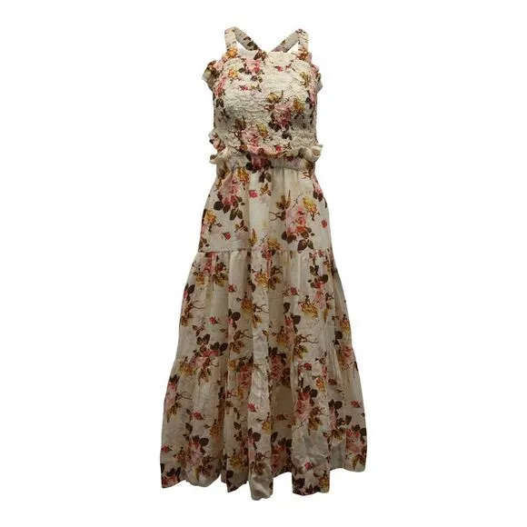 Sea New York Esme Smocked Maxi Dress in Beige Floral Print Ramie