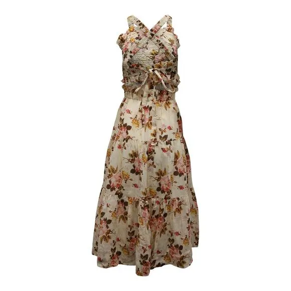 Sea New York Esme Smocked Maxi Dress in Beige Floral Print Ramie