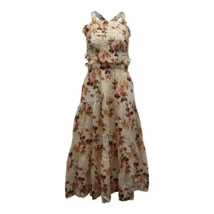 Sea New York Esme Smocked Maxi Dress in Beige Floral Print Ramie