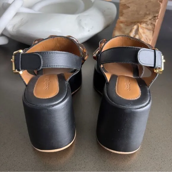 SEE By CHLOÉ Mahe Black Wedge Sandals with Chain Accents Size 38