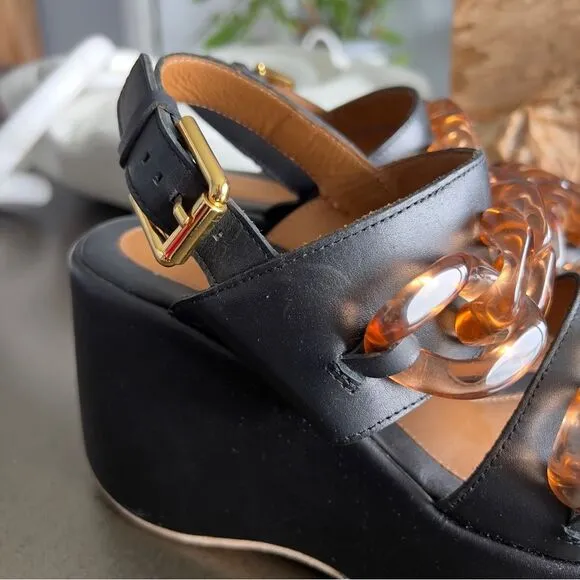 SEE By CHLOÉ Mahe Black Wedge Sandals with Chain Accents Size 38