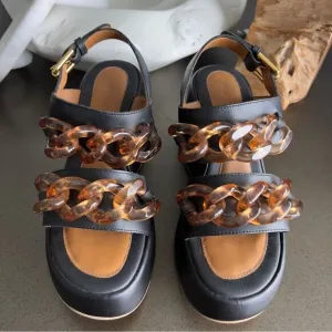 SEE By CHLOÉ Mahe Black Wedge Sandals with Chain Accents Size 38
