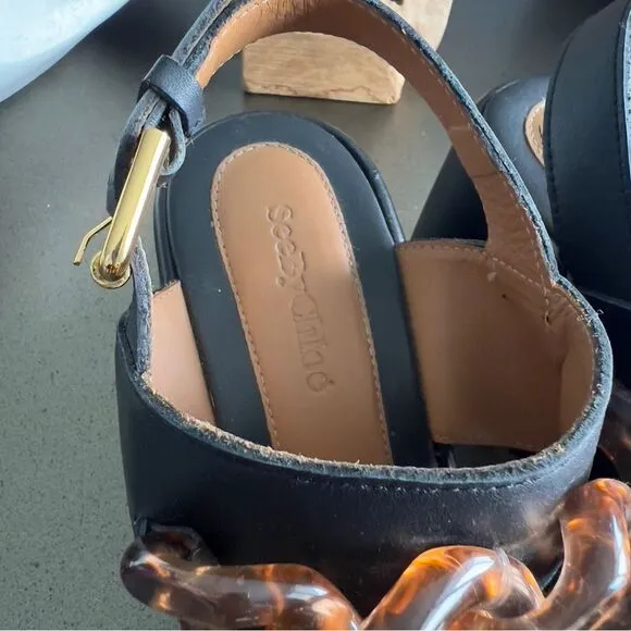 SEE By CHLOÉ Mahe Black Wedge Sandals with Chain Accents Size 38