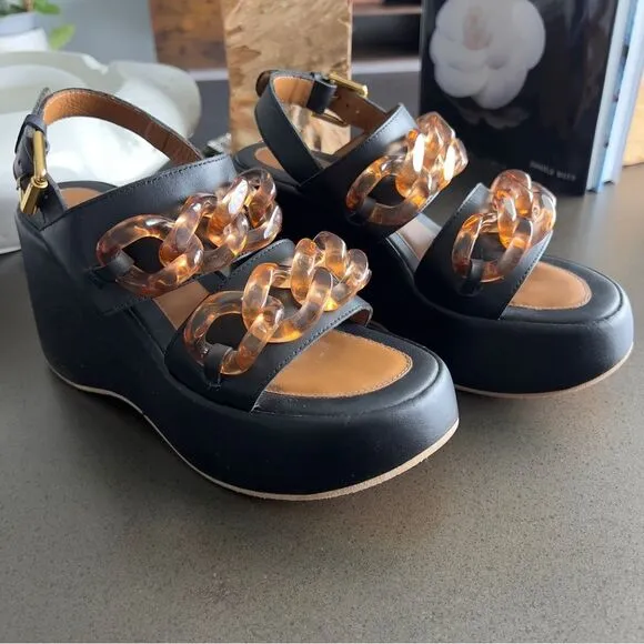 SEE By CHLOÉ Mahe Black Wedge Sandals with Chain Accents Size 38