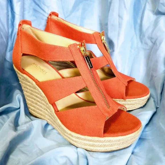 💥Send Offers💥 Michael Kors Orange Berkley Mid Wedge Sandals