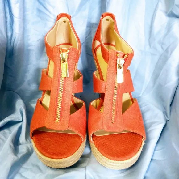 💥Send Offers💥 Michael Kors Orange Berkley Mid Wedge Sandals