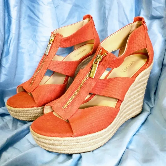 💥Send Offers💥 Michael Kors Orange Berkley Mid Wedge Sandals