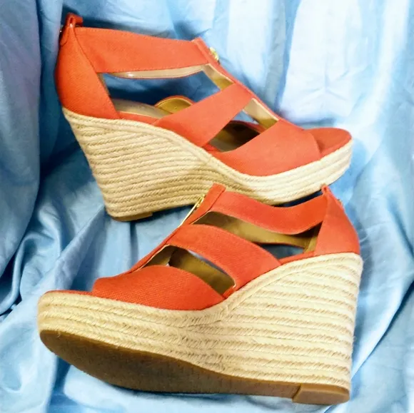 💥Send Offers💥 Michael Kors Orange Berkley Mid Wedge Sandals