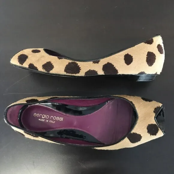 Sergio Rossi Pony Hair Tan Black  Animal Print Ballet Flats Women EU 37 US 6.5