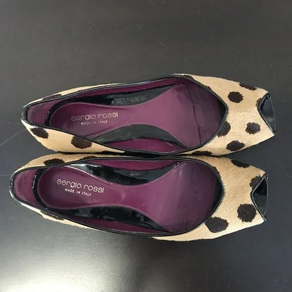 Sergio Rossi Pony Hair Tan Black  Animal Print Ballet Flats Women EU 37 US 6.5