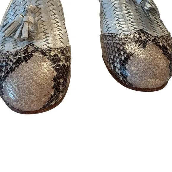 Sesto Meucci Chevron Braided White Leather Snake Skin Toe Womens Loafers 7.5M