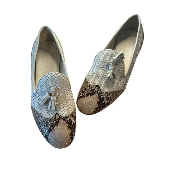 Sesto Meucci Chevron Braided White Leather Snake Skin Toe Womens Loafers 7.5M