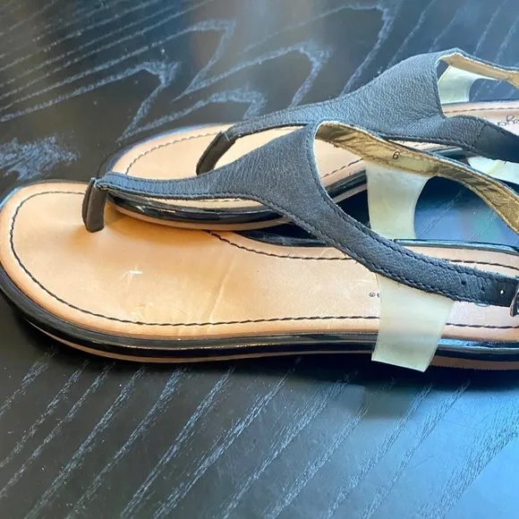 Seychelles Black Leather T-Strap Sandals, 6