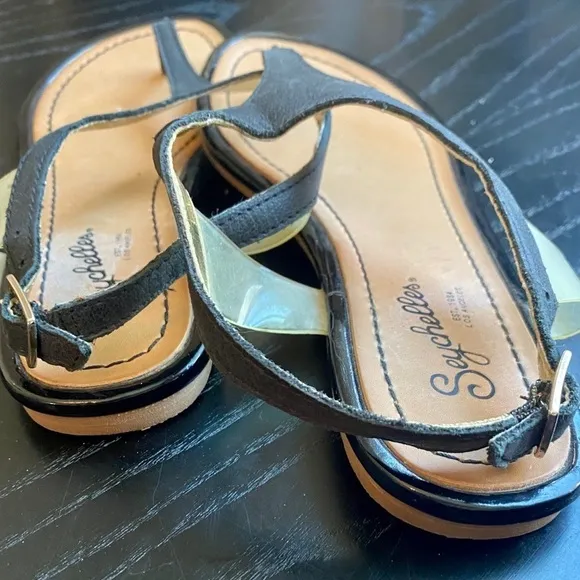 Seychelles Black Leather T-Strap Sandals, 6