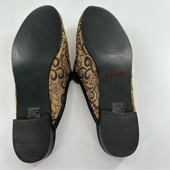 Seychelles wildernes flats size 11 gold metallic tapestry floral festival mules
