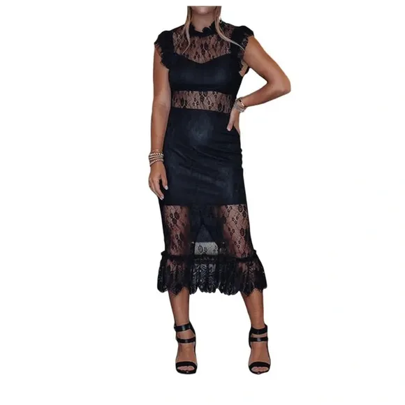 SHEER LACE MIDI DRESS - BLACK