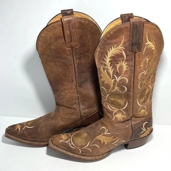SHYANNE Floral Embroidered Western Cowgirl Boots Leather Pull on Womens 6.5B
