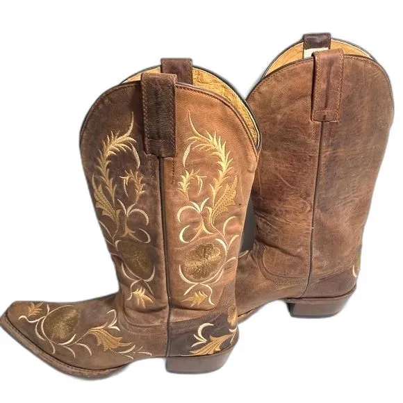SHYANNE Floral Embroidered Western Cowgirl Boots Leather Pull on Womens 6.5B