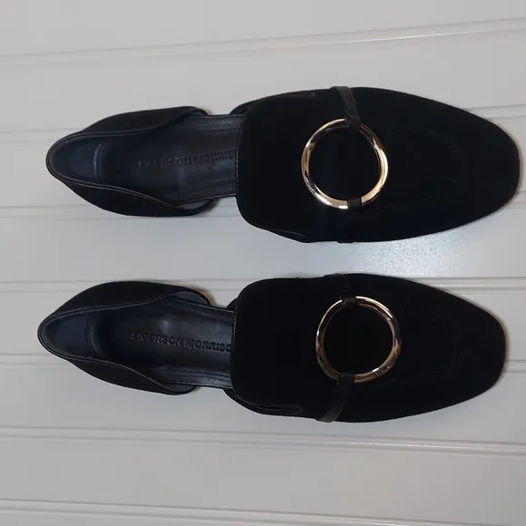 Sigerson Morrison Smianthe D'orsay black suede &amp; leather loafers w/silve…