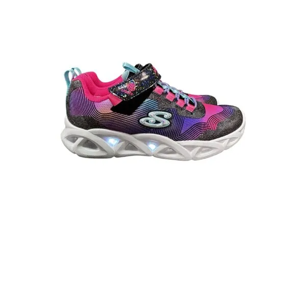 Skechers S Lights Girls Sneakers Size 2 Light-Up Sole Glitter Pink/Turquoise
