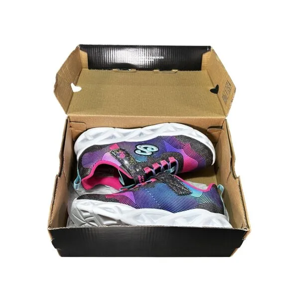 Skechers S Lights Girls Sneakers Size 2 Light-Up Sole Glitter Pink/Turquoise