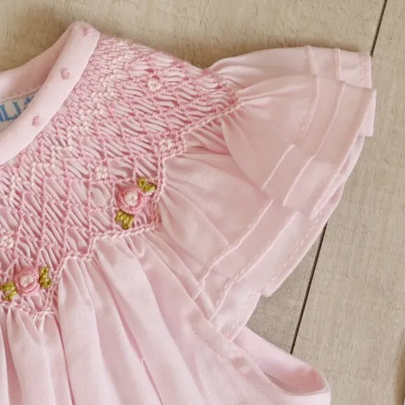 Smocked Pink Heirloom Romper Boutique Pin Tucks Bullion Embroidery NWT