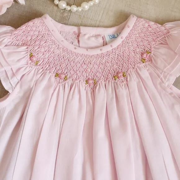Smocked Pink Heirloom Romper Boutique Pin Tucks Bullion Embroidery NWT