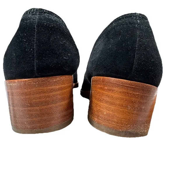 Soludos Womens Black Suede Leather Loafers Low Wooden Heel Shoes 8.5 US/39EU