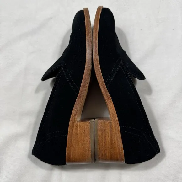 Soludos Womens Black Suede Leather Loafers Low Wooden Heel Shoes 8.5 US/39EU